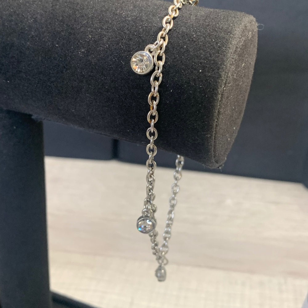Silver Tone Bezel Set Rhinestone Charm Anklet Adjustable 9-10 Inch Chain